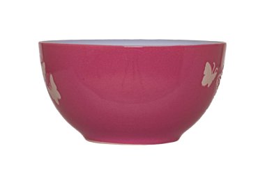 Beyaz bir arka plan üzerinde izole desen. Makro. Mutfak gereçleri. Boş kase arka plan. Kelebek mor boş kaseyle yakın çekim