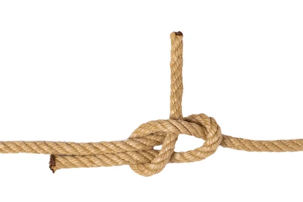 Seil isoliert. Makro aus Figurenknoten oder Knoten aus zwei braunen Seilen — Stockfoto