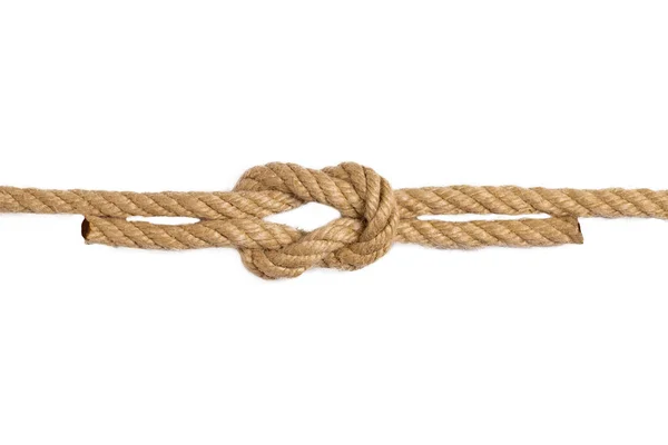 Seil isoliert. Makro von Figurenkreuzknoten oder Knoten aus zwei braunen — Stockfoto