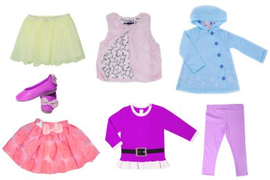  Beyaz bir arka plan üzerinde. Renkli moda parti ya da doğum günü partisi için. Küçük kız moda. Küçük kız giysiler dizi izole çocuk günü için kolaj