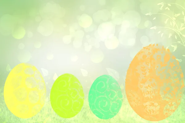 Šťastné velikonoční pozadí. Abstraktní zelená louka s jarními květy a čtyřmi pestrobarevnými velikonoční vejci a jasně zeleným jarním pozadím. Prostor pro návrh. Nádherná textura. — Stock fotografie