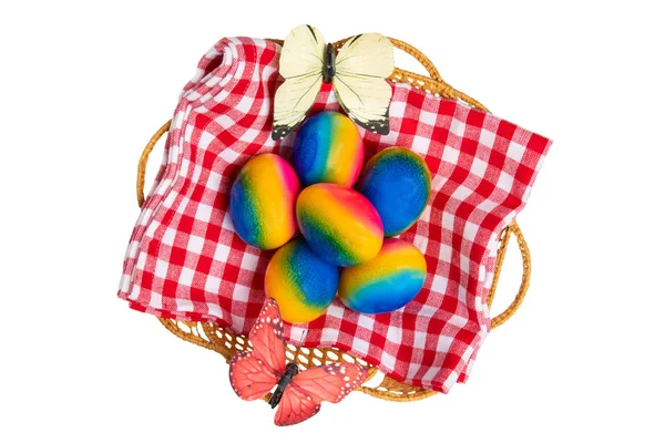 Gelukkig Pasen versieringen achtergrond. Bovenaanzicht van kleurrijke Pasen — Stockfoto