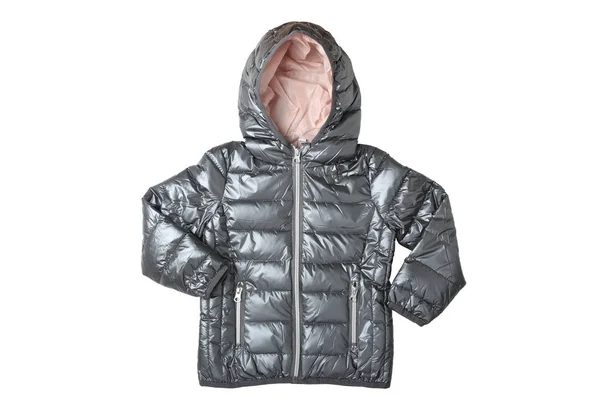 Childrens Jacket geïsoleerd. Modieuze zilveren grijze warm down jas geïsoleerd op een witte achtergrond. Kinderkleding. — Stockfoto