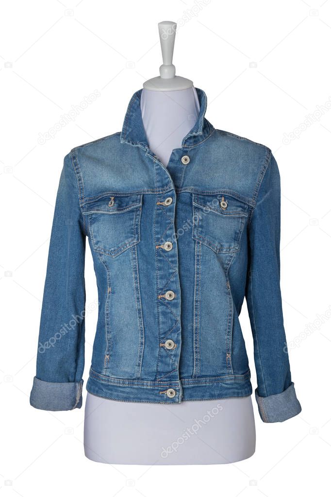 Women jackets. Woman blue jeans jacket isolated on a white background. Women fashion dress on mannequin.