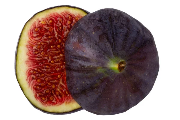 Close-up of a fresh sliced ripe purple fig fruit isolated on a w — Stock Photo, Image