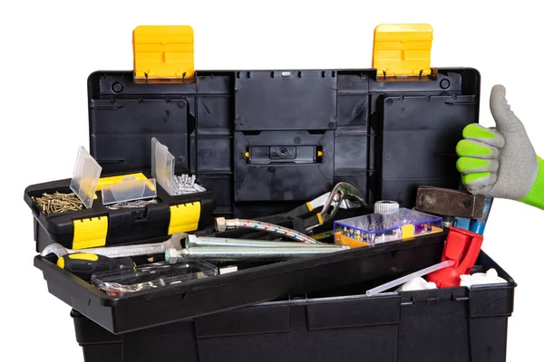 Caja de herramientas aislada. Caja de herramientas de plástico negro con herramienta surtida — Foto de Stock