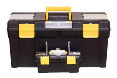 Alet kutuları yalıtılmış. Yello ile büyük bir siyah plastik alet kiti kutusu
