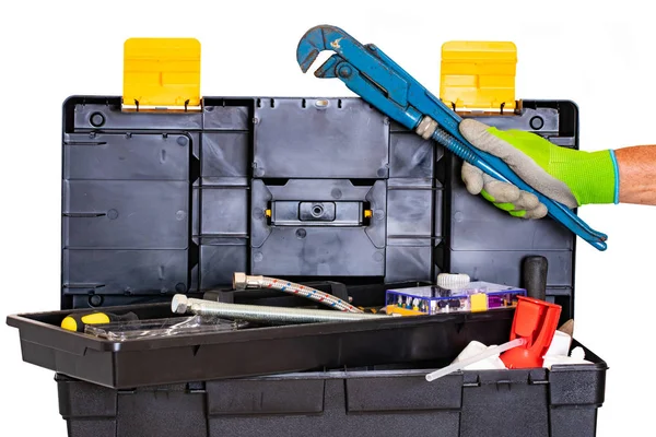Plumber or carpenter tool box isolated. Black plastic tool kit b — Stock Photo, Image