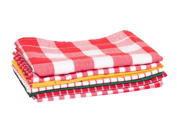 Kuchyňské ručníky izolované. Zblízka na hromádku červené bílé šachovovky — Stock fotografie