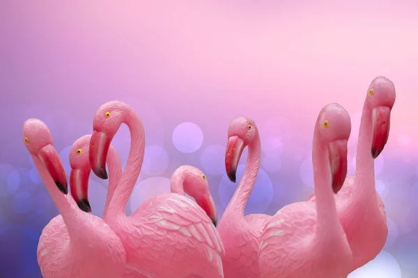Flamingo background. Close-up of a group of pink plastic flaming