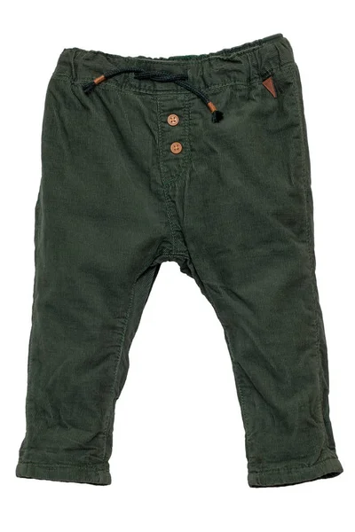 Дитячі штани ізольовані. Крупним планом стильні темно-зелені штани кордурові зі стрічковим бантом для маленького хлопчика. Дитячі спортивні штани. Макро . — стокове фото