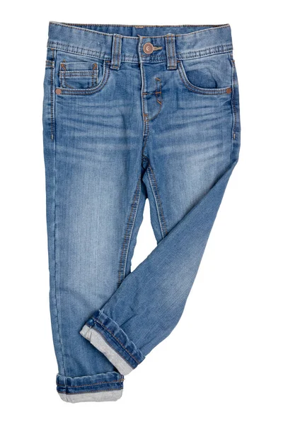 Jeans geïsoleerd. Trendy stijlvolle blauwe denim broek of broek voor kind jongen met gezellige warme bekleed. Geïsoleerd op een witte achtergrond. Linkerbroek poot gevouwen. Thermo jeans herfst-en winter mode. — Stockfoto