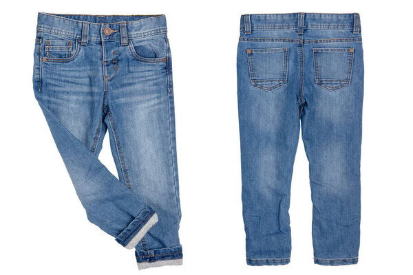Jeans isolated. Trendy stylish blue denim pant or trousers for c