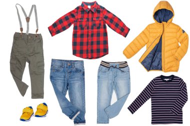 Kolaj çocuk kıyafetleri seti. Denim kot pantolon veya pantolon, bir çift sh