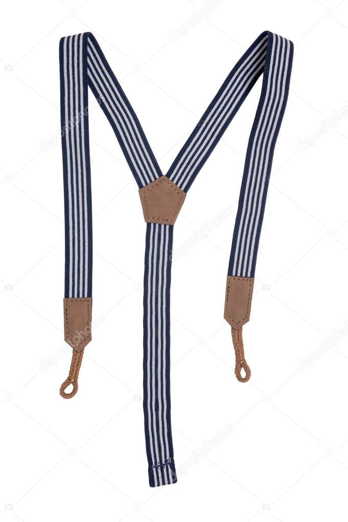 Suspenders isolated. Close-up of blue white striped trendy suspe