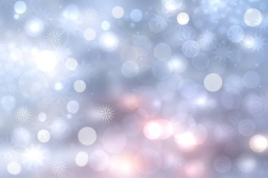 Soyut, bulanık, neşeli, narin kış yılbaşı ya da parlak, açık mavi ve beyaz Bokeh ışıklı yıldızlı yeni yıl arkaplanı. Tasarımın için yer aç. Kart kavramı.