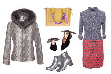 Kolaj kadın kıyafetleri. Şık ve modaya uygun gri deri seti. 