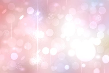 Soyut, parlak yıldızlar, kalpler ve bokeh çemberlerle donatılmış açık pembe bir arkaplan dokusu. Mutlu yıllar, parti davetiyesi, sevgililer günü kartı konsepti.