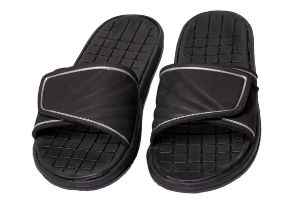 Close Pair Black Rubber Sandals Slippers Shower Swimming Pool Beach — Stock Photo, Image