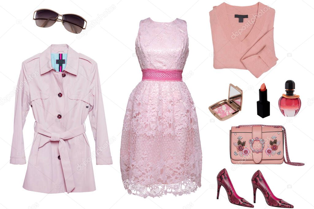Collage pink woman clothes. Set of a stylish and trendy women trench coat, sleeveless evening dress with lace, cashmere sweater or light wool pullover, handbag, shoes and cosmetics.