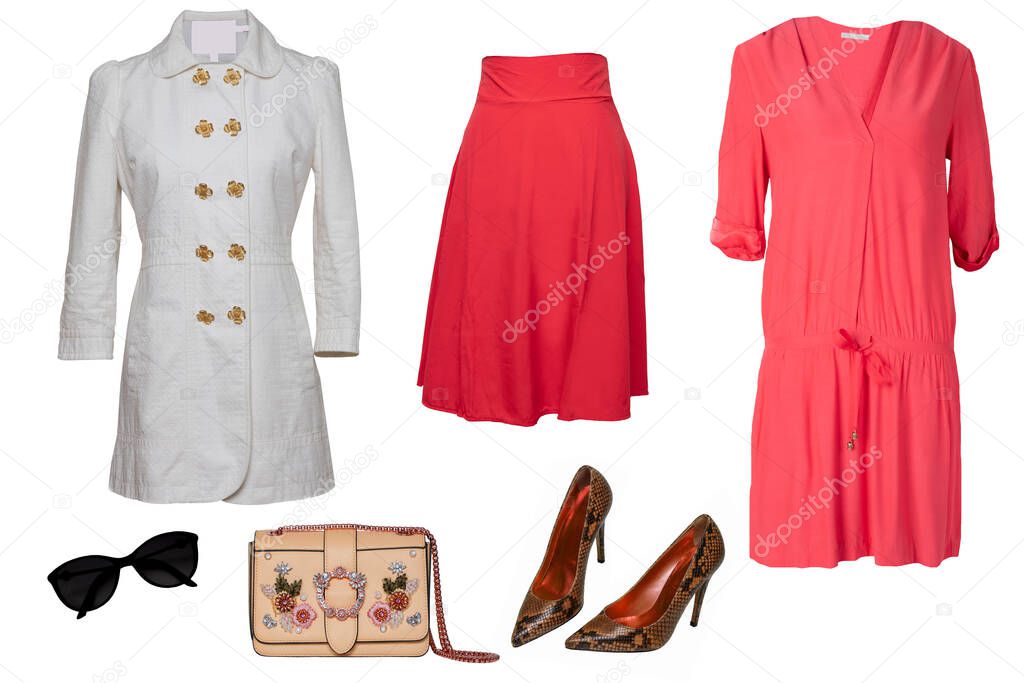 Collage woman clothes. Set of a stylish and trendy women coat, red evening dress, elegant beautiful red summer skirt, handbag, shoes and other accessories.