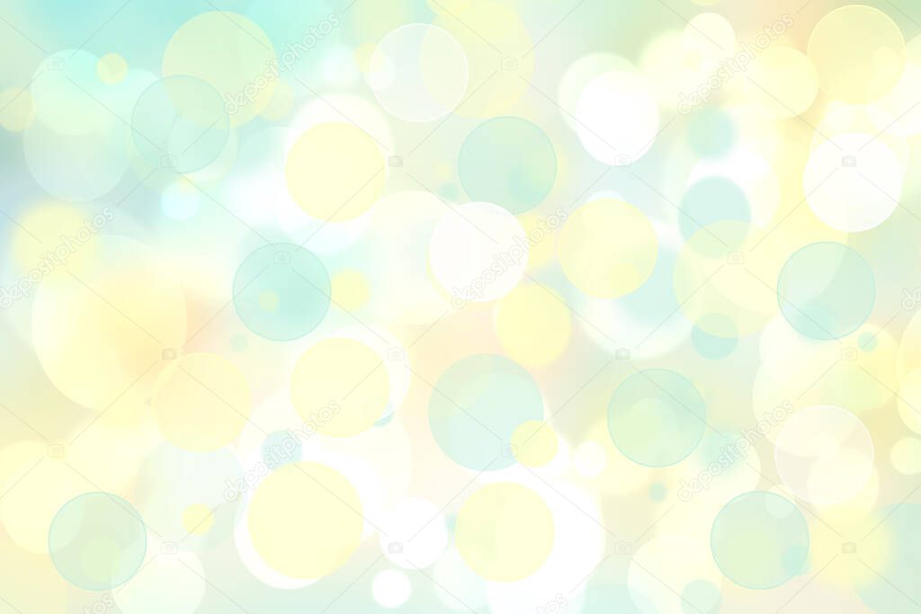 Abstract blurred fresh vivid spring summer light delicate pastel turquoise yellow bokeh background texture with bright circular soft color lights. Card concept. Beautiful backdrop illustration.