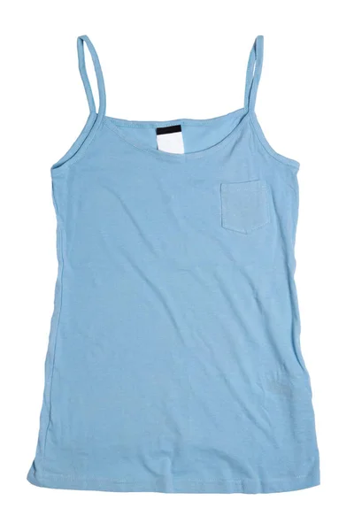 袖のないシャツは隔離された 白い背景に独立したスパゲティストラップを持つ女性の青い夏のシャツやTシャツのクローズアップ 女の子夏のトップファッション — ストック写真