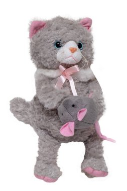 Beyaz arka planda pembe kulaklı oyuncak kedi ve oyuncak fare. Noel, doğum günü ya da diğer bayram hediyeleri. Makro.
