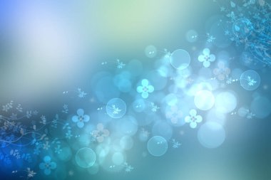 Merhaba bahar arkaplanı. Soyut bulanık bahar ışığı narin mavi pastel bokeh arkaplan dokusu parlak kiraz çiçekleri ve çiçeklerle. Kart konsepti. Güzel arkaplan illüstrasyonu.