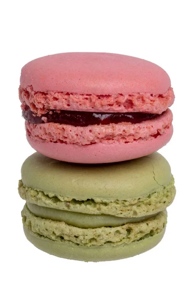 Gebäck Desserts Und Süßigkeiten Nahaufnahme Eines Roten Französischen Himbeermacarons Und — Stockfoto