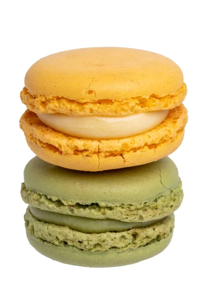 Banketjes Desserts Zoetigheden Close Van Een Gele Citroenmacaroon Een Groene — Stockfoto