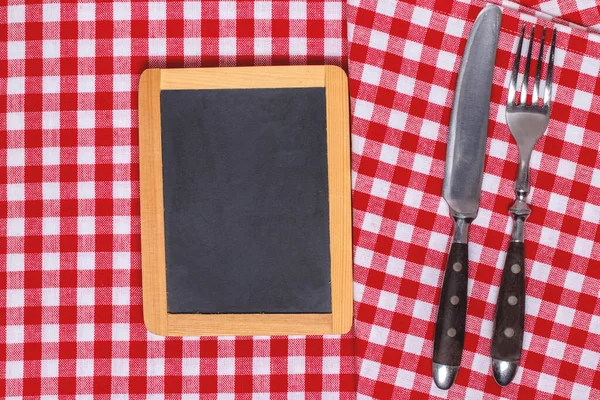 Plantilla Receta Alimentos Tabla Negra Madera Vacía Cuchillo Vintage Tenedor —  Fotos de Stock
