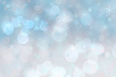 Noel kartı şablonu. Soyut, açık mavi, beyaz kış manzarası mavi gökyüzü ve bokeh ışıklı kar taneleri ve yıldızlı arka plan deseni. Güzel kart tasarımı.