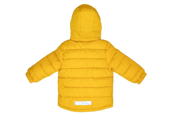 子供用のダウンジャケット 白い背景に隔離された取り外し可能なフードを持つ子供のためのスタイリッシュ 暖かい冬のジャケット バックビュー 冬のファッション — ストック写真