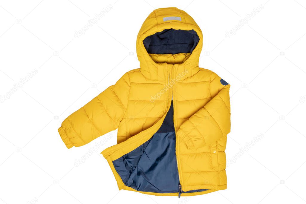 Winter jackets for children. Stylish, yellow, warm down jacket for children with removable hood, isolated on a white background. Winter fashion.