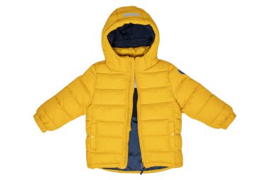 Winter jackets for children. Stylish, yellow, warm down jacket for children with removable hood, isolated on a white background. Winter fashion. clipart