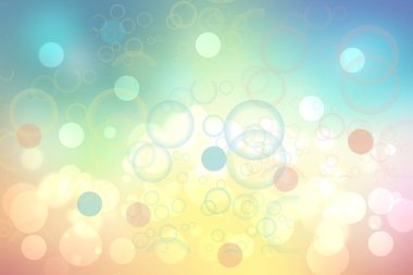 Merhaba yaz şablonu. Soyut, bulanık, canlı, narin, canlı, parlak, parlak, parlak, parlak, mavi bokeh arkaplan desenli, parlak, yumuşak renk daireli yaz. Kart konsepti. Güzel arkaplan illüstrasyonu.