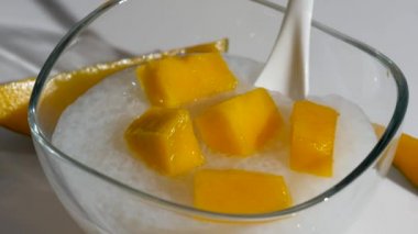 Sağlıklı tapyoka incili puding Hindistan cevizi sütü ve mangolu tatlı.