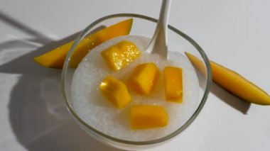 Sağlıklı tapyoka incili puding Hindistan cevizi sütü ve mangolu tatlı.