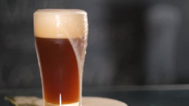 Bira gri arka planda bir bardağa dökülür.