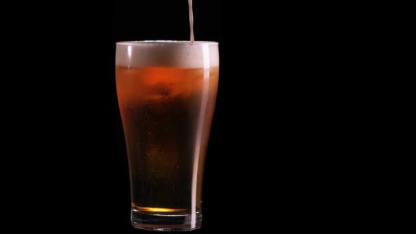 Giet koud bier in glas geïsoleerd op zwarte achtergrond. — Stockvideo