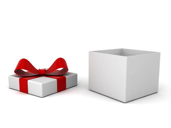 Открытая Подарочная Коробка Коробка Подарков Красной Лентой Бант Изолированы Белом — стоковое фото