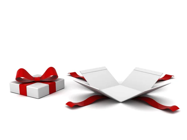 Open Gift Box Present Box Red Ribbon Bow Isolated White — Stock Photo, Image