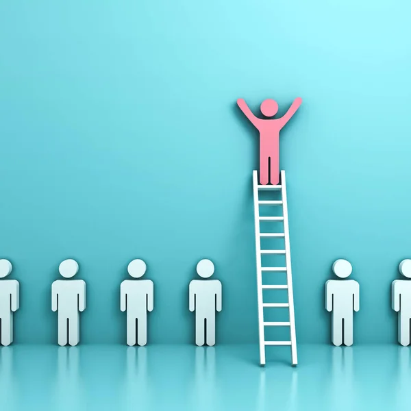 Stand out from the crowd and think different concepts , One pink man standing with arms wide open on top of  ladder above other people on light blue pastel background with reflections . 3D rendering.