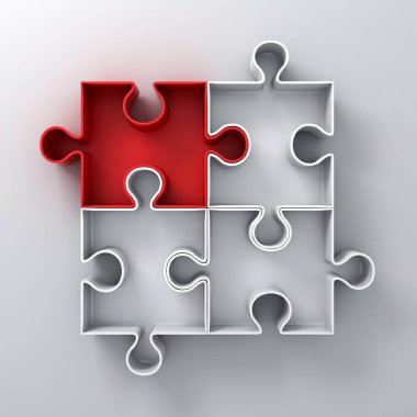 Bir kırmızı parçalı bulmaca parça öne gölge beyaz duvar zemin üzerine kalabalık farklı konseptinden. 3D render.