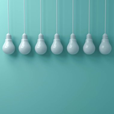 Beyaz Işık Ampüller yeşil mavi pastel renk duvar arka plan üzerinde asılı. 3D render.