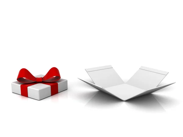 Open Gift Box Present Box Red Ribbon Bow Isolated White — Stock Photo, Image