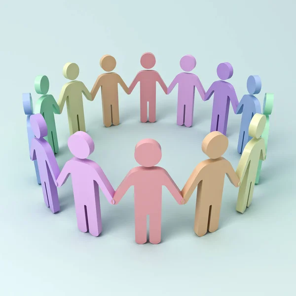 Colorful People Holding Hands In Circle on blue background . 3D rendering.