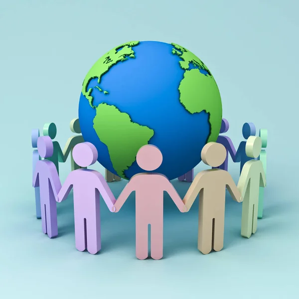 Colorful People Holding Hands Around Globe on blue background . 3D rendering.