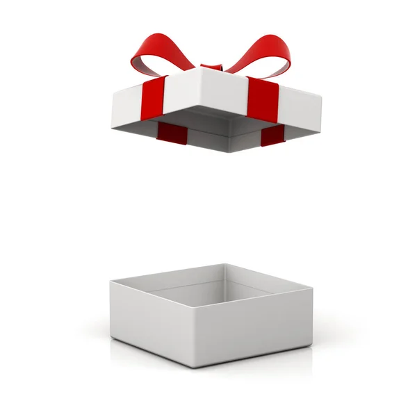 打开礼品盒或礼物盒与红色丝带弓隔绝在白色背景与阴影和反射 — 图库照片